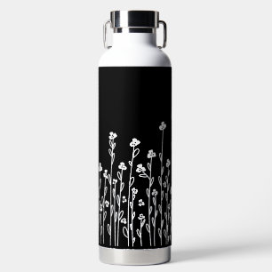 Elegant black white minimalist doodle floral water bottle