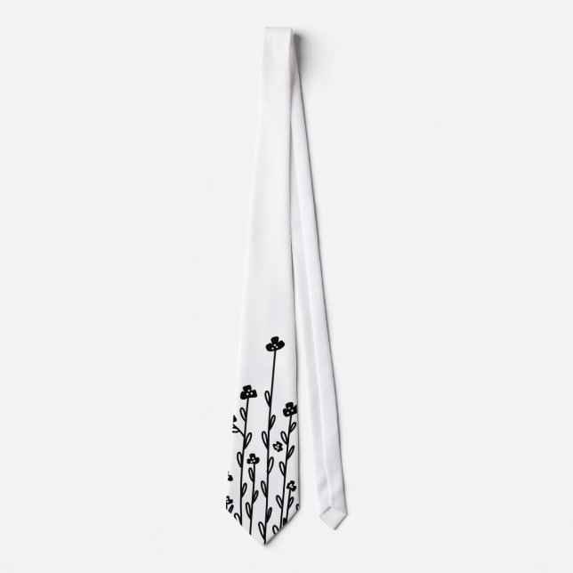 Elegant black white minimalist doodle wildflower neck tie (Front)