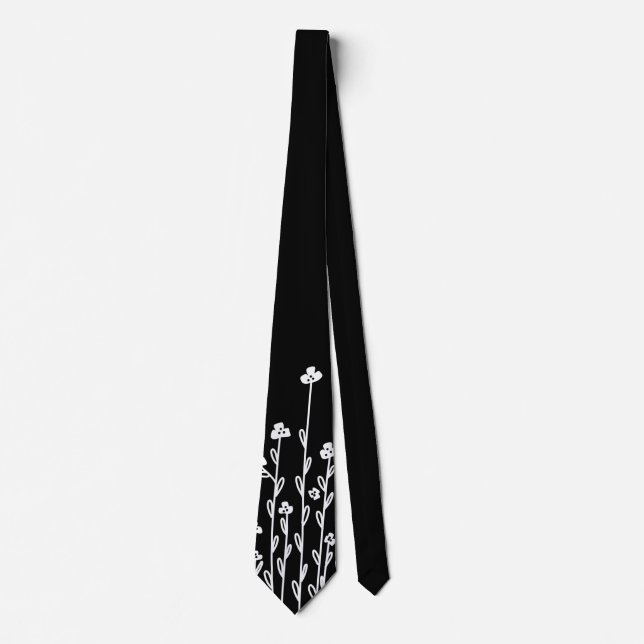Elegant black white minimalist doodle wildflower neck tie (Front)