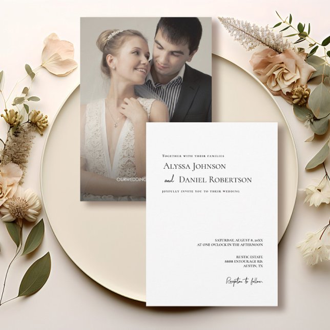 Elegant Black White Minimalist Photo Wedding Invitation (Minimalist Typography Custom photo on wedding invitation.)