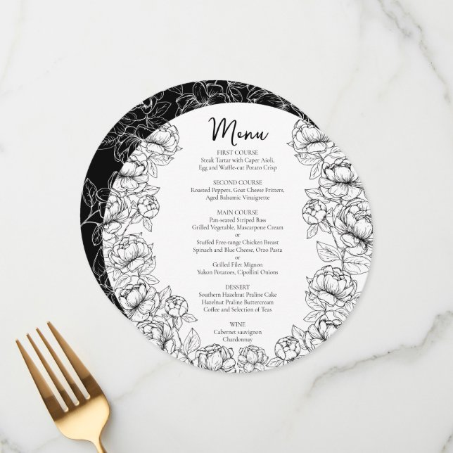 Elegant Black White Modern Boho Round Wedding Menu (Front/Back In Situ)