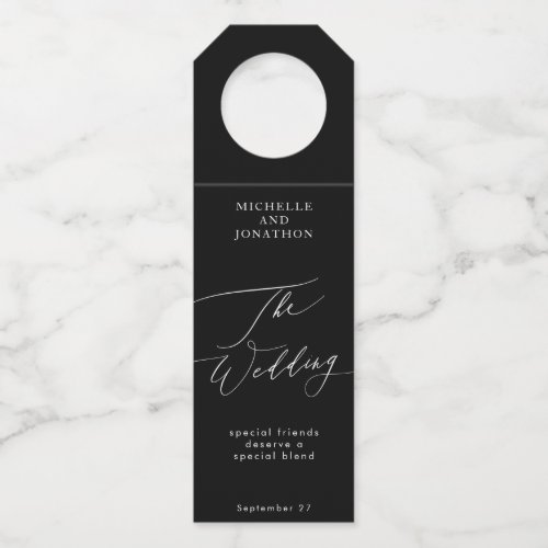 Elegant Black  White Modern Calligraphy Wedding Bottle Hanger Tag