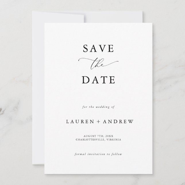 Elegant Black & White Modern Classic Save the Date Invitation (Front)