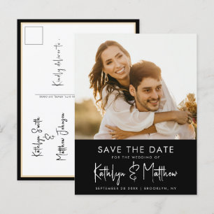 Elegant Black White Modern Script Save The Date Announcement Postcard