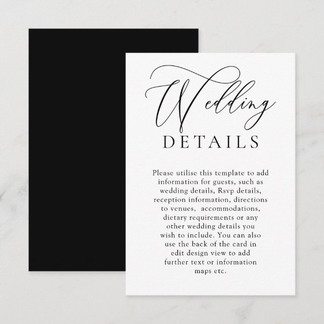 Elegant Black & White Modern Wedding Details Enclosure Card (Front/Back)