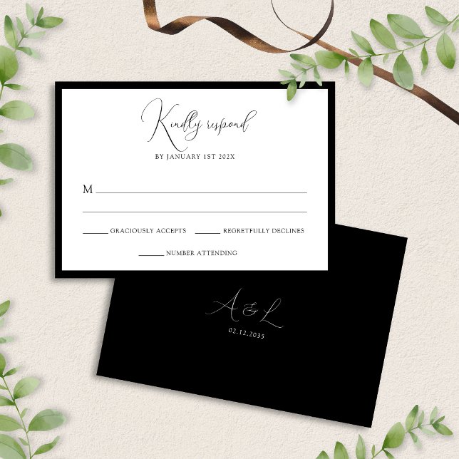 Elegant Black & White Monogram Bordered Wedding RSVP Card (Creator Uploaded)