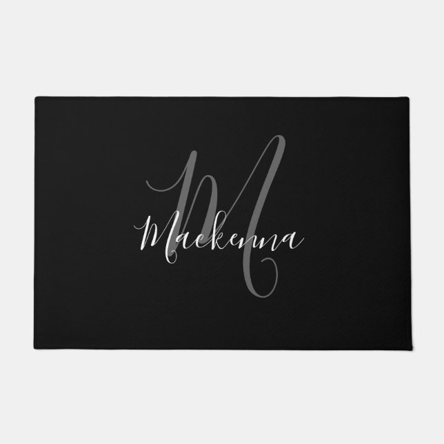 Elegant Black White Monogram Chic Script Name Doormat (Front)