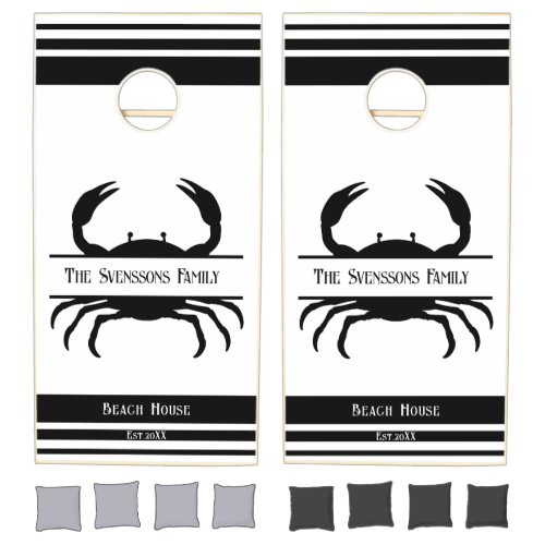 Elegant Black  White Monogram Crab Family Name  Cornhole Set
