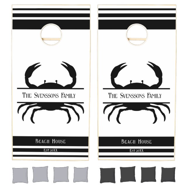 Elegant Black & White Monogram Crab Family Name  Cornhole Set (Set)