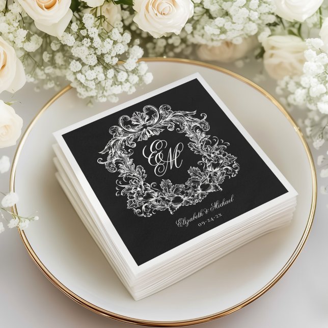 Elegant Black White Monogram Crest Script Wedding Napkins (Creator Uploaded)