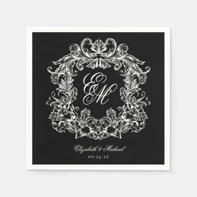Elegant Black White Monogram Crest Script Wedding Napkins (Front)