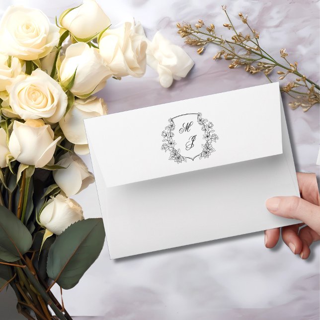 Elegant Black White Monogram Crest Wedding Envelope (Creator Uploaded)