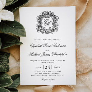 Elegant Black White Monogram Crest Wedding Invitation