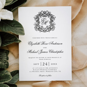 Elegant Black White Monogram Crest Wedding Invitation