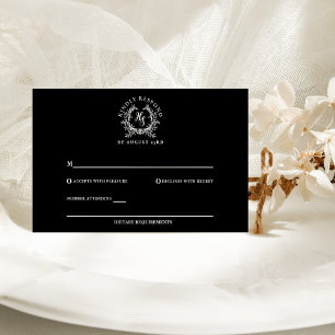 Elegant Black/White Monogram Crest Wedding RSVP Card