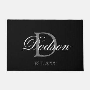 Elegant Black White Monogram Date Established Doormat