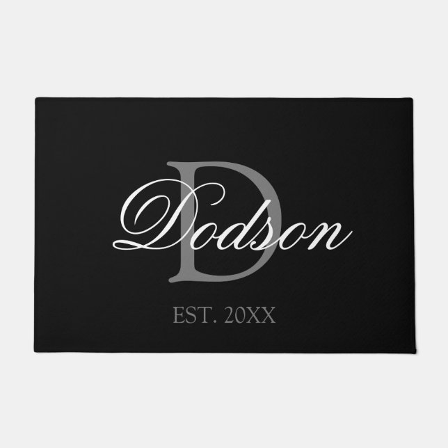 Elegant Black White Monogram Date Established Doormat (Front)