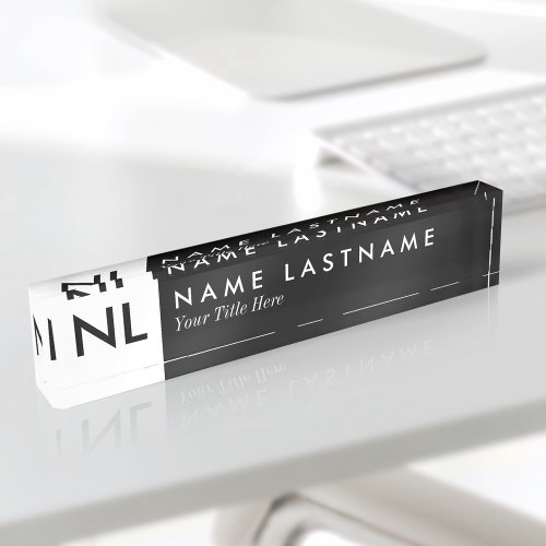 Elegant Black White Monogram Desk Nameplate
