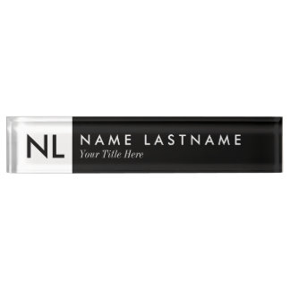 Elegant Black White Monogram Desk Nameplate