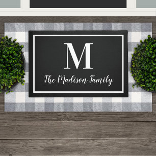 Elegant Black White Monogram Family Name Doormat