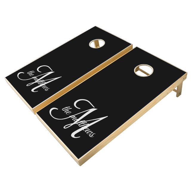 Elegant Black & White Monogram Family Wedding  Cornhole Set (Angled)