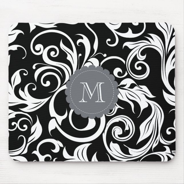 Elegant Black White Monogram Floral Wallpaper Mouse Pad (Front)