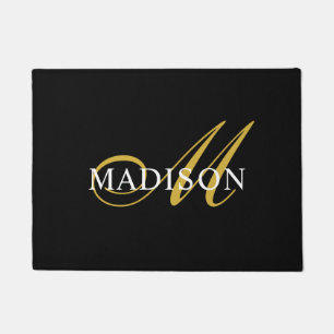 Elegant Black White Monogram Gold Script Doormat