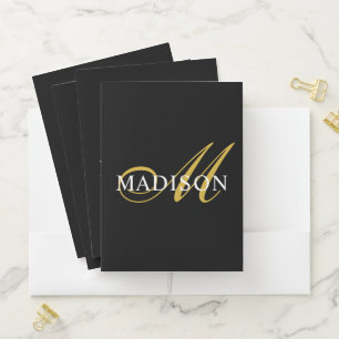 Elegant Black White Monogram Gold Script  Pocket Folder