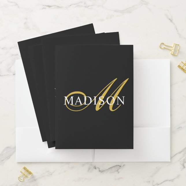 Elegant Black White Monogram Gold Script  Pocket Folder (In Situ)