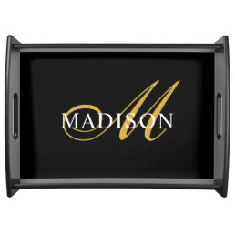 Elegant Black White Monogram Gold Script Serving Tray