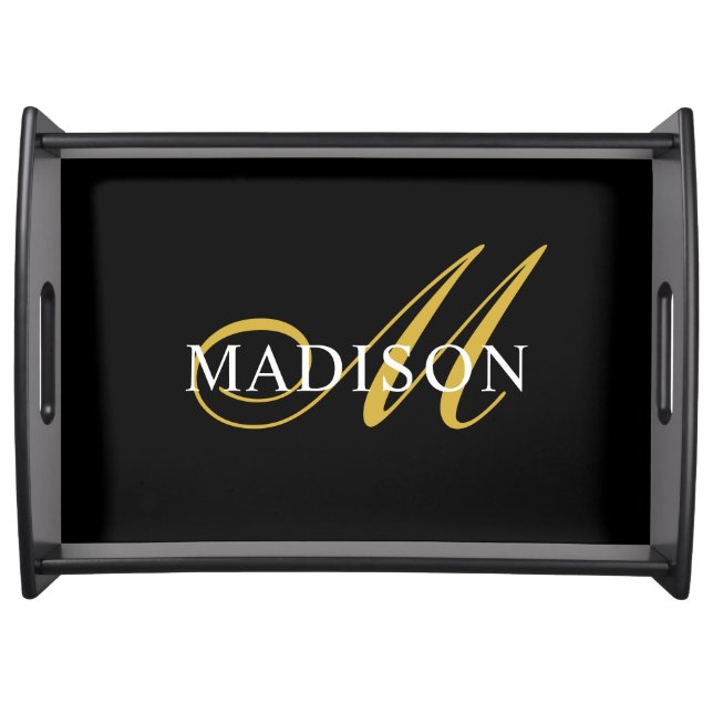 Elegant Black White Monogram Gold Script Serving Tray (Front)