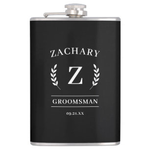 Elegant Black & White Monogram Groomsmen Gift Flask