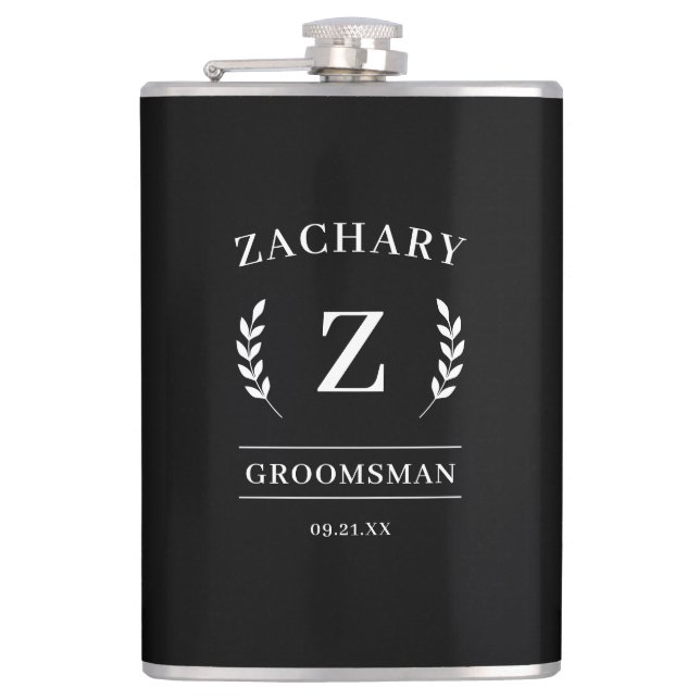 Elegant Black & White Monogram Groomsmen Gift Flask (Front)