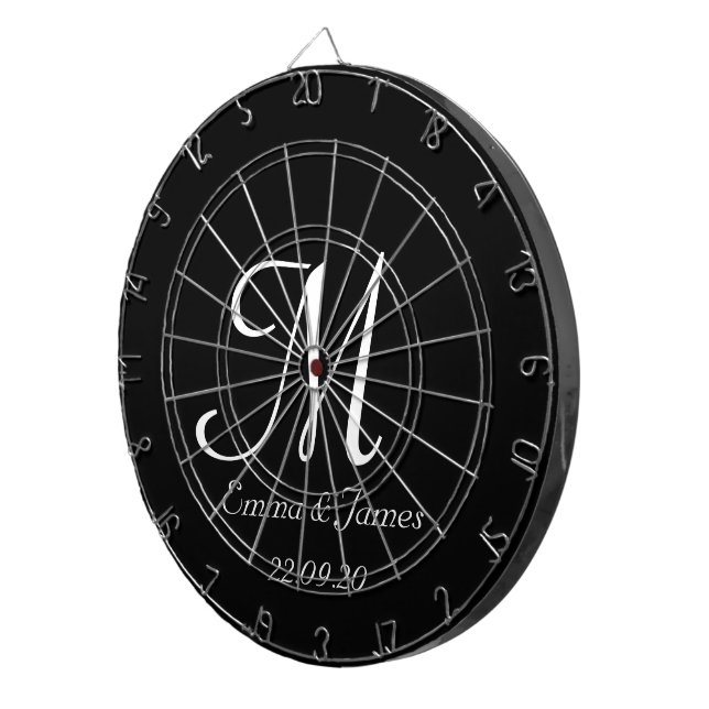Elegant Black & White Monogram Initial Name Custom Dart Board (Front Right)