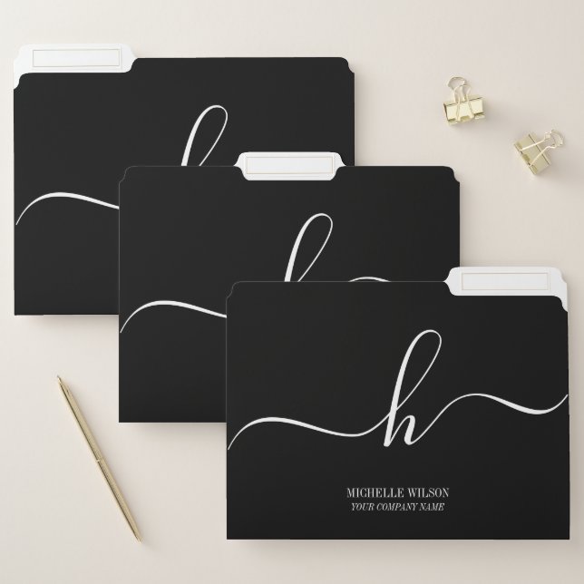 Elegant Black White Monogram Initial Script Name  File Folder (Set)