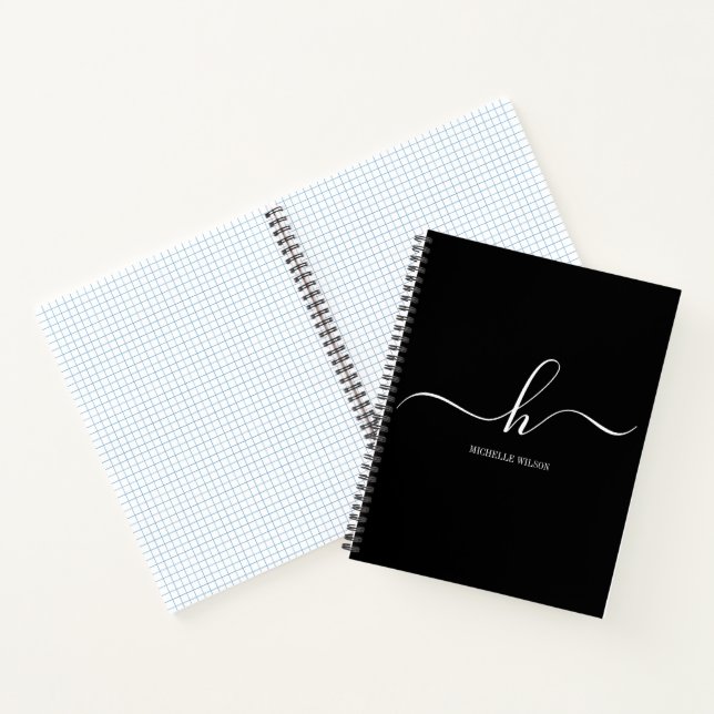 Elegant Black White Monogram Initial Script Name  Notebook (Inside)