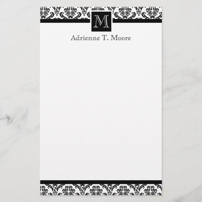 Elegant Black White Monogram Initial Stationery (Front)