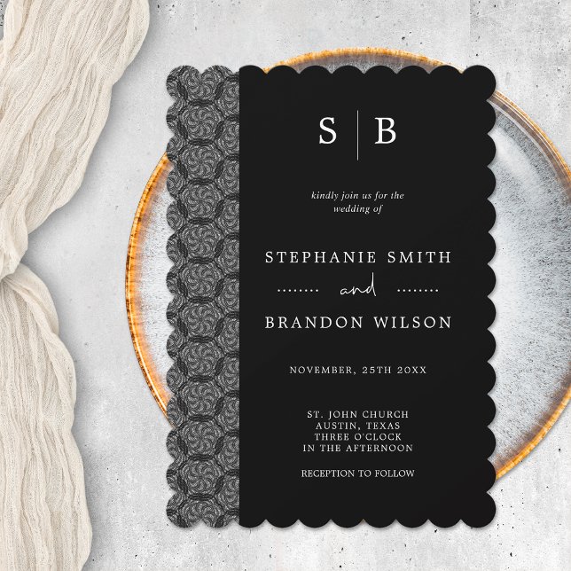 Elegant Black & White Monogram Lace Wedding Invitation (Creator Uploaded)