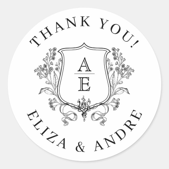 Elegant Black & White Monogram Leaf Crest Wedding Classic Round Sticker (Front)