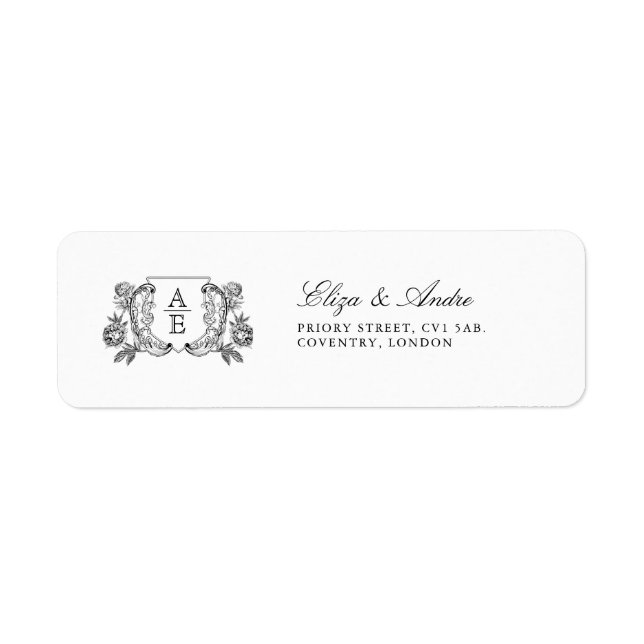Elegant Black & White Monogram Leaf Crest Wedding Label (Front)