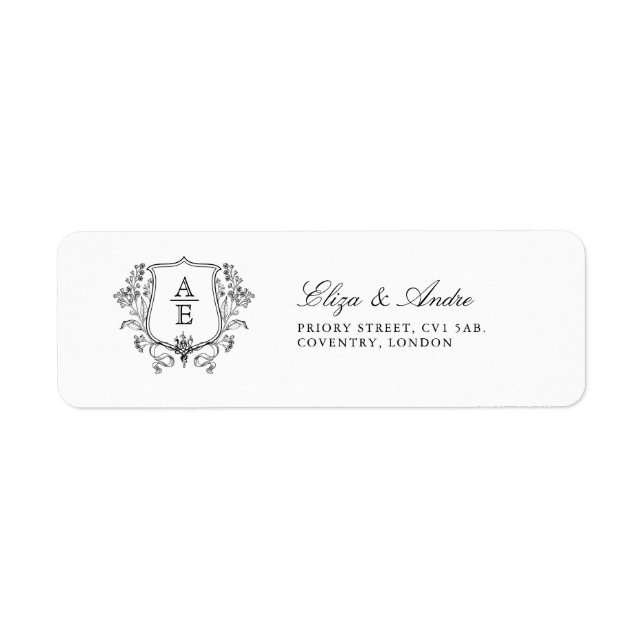 Elegant Black & White Monogram Leaf Crest Wedding Label (Front)