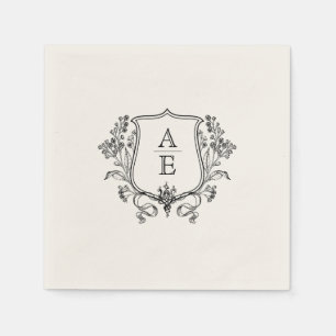 Elegant Black & White Monogram Leaf Crest Wedding Napkins