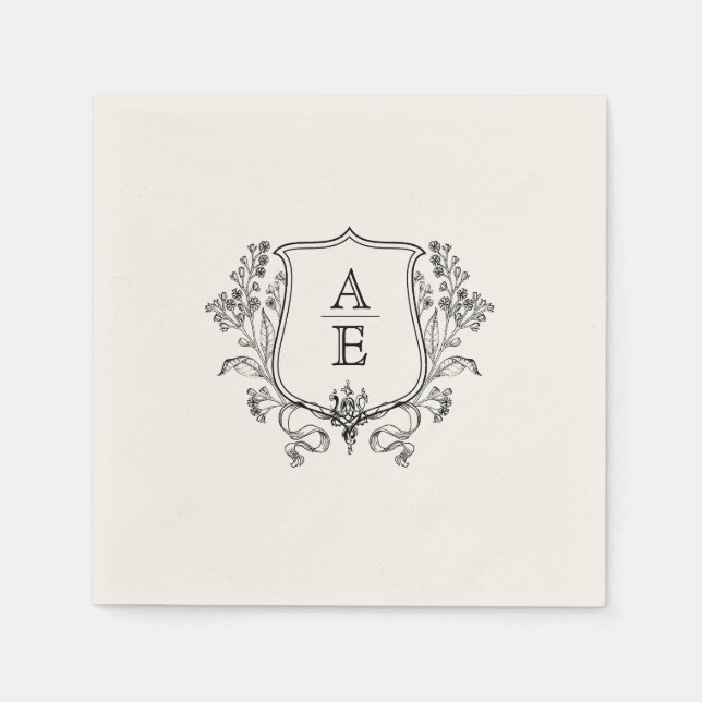 Elegant Black & White Monogram Leaf Crest Wedding Napkins (Front)