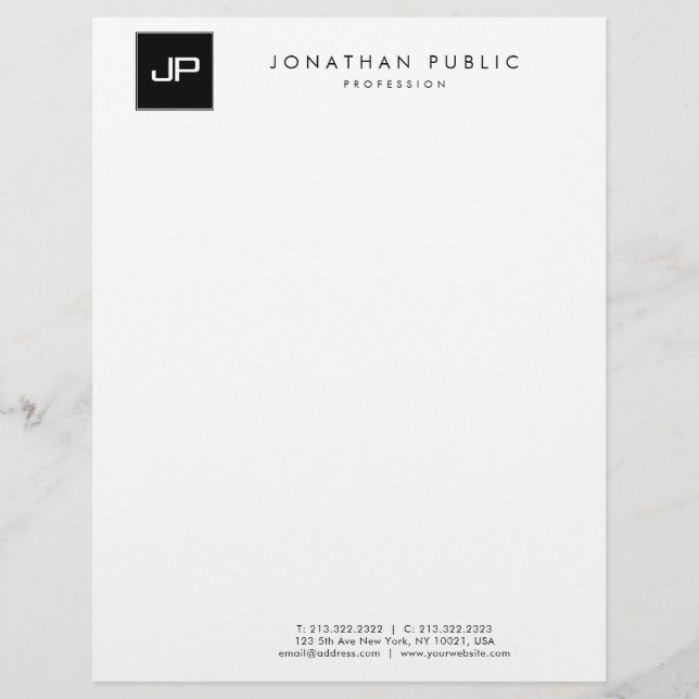 Elegant Black White Monogram Minimalist Template Letterhead (Front)