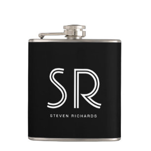 Elegant black white monogram name flask