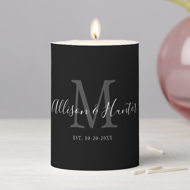 Elegant Black White Monogram Newlywed Wedding Pillar Candle (In Situ)