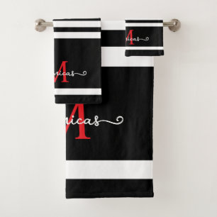 Elegant Black White Monogram Personalized Name  Bath Towel Set
