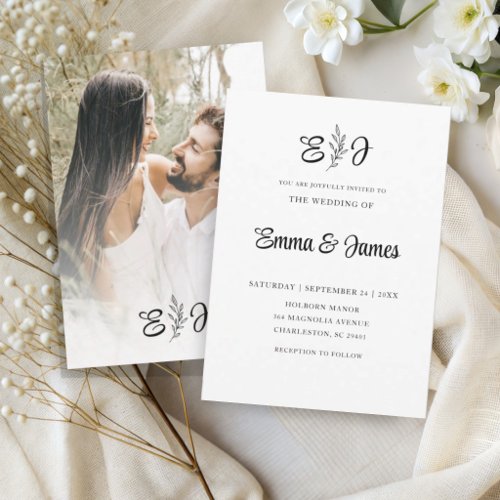 Elegant Black & White Monogram Photo Wedding Invitation