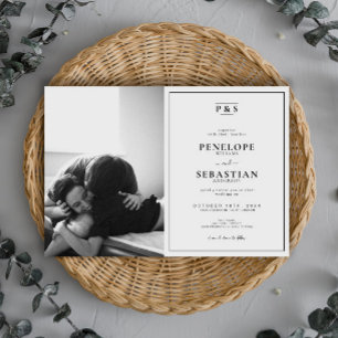Elegant Black & White Monogram Photo Wedding Invitation