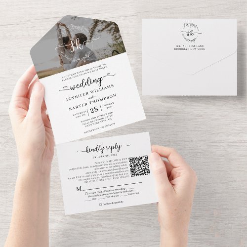 Elegant Black White Monogram QR Code Photo Wedding All In One Invitation